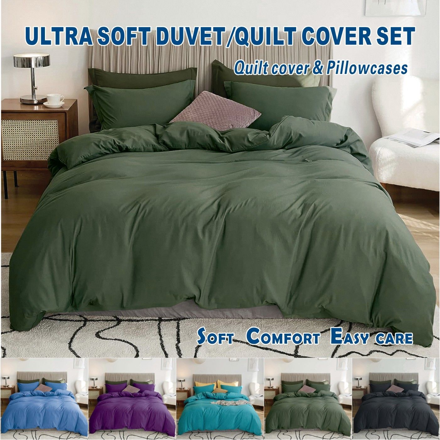 2000TC Microfibre Zipper Quilt Cover Set - 3 Piece, Olive Green, Queen