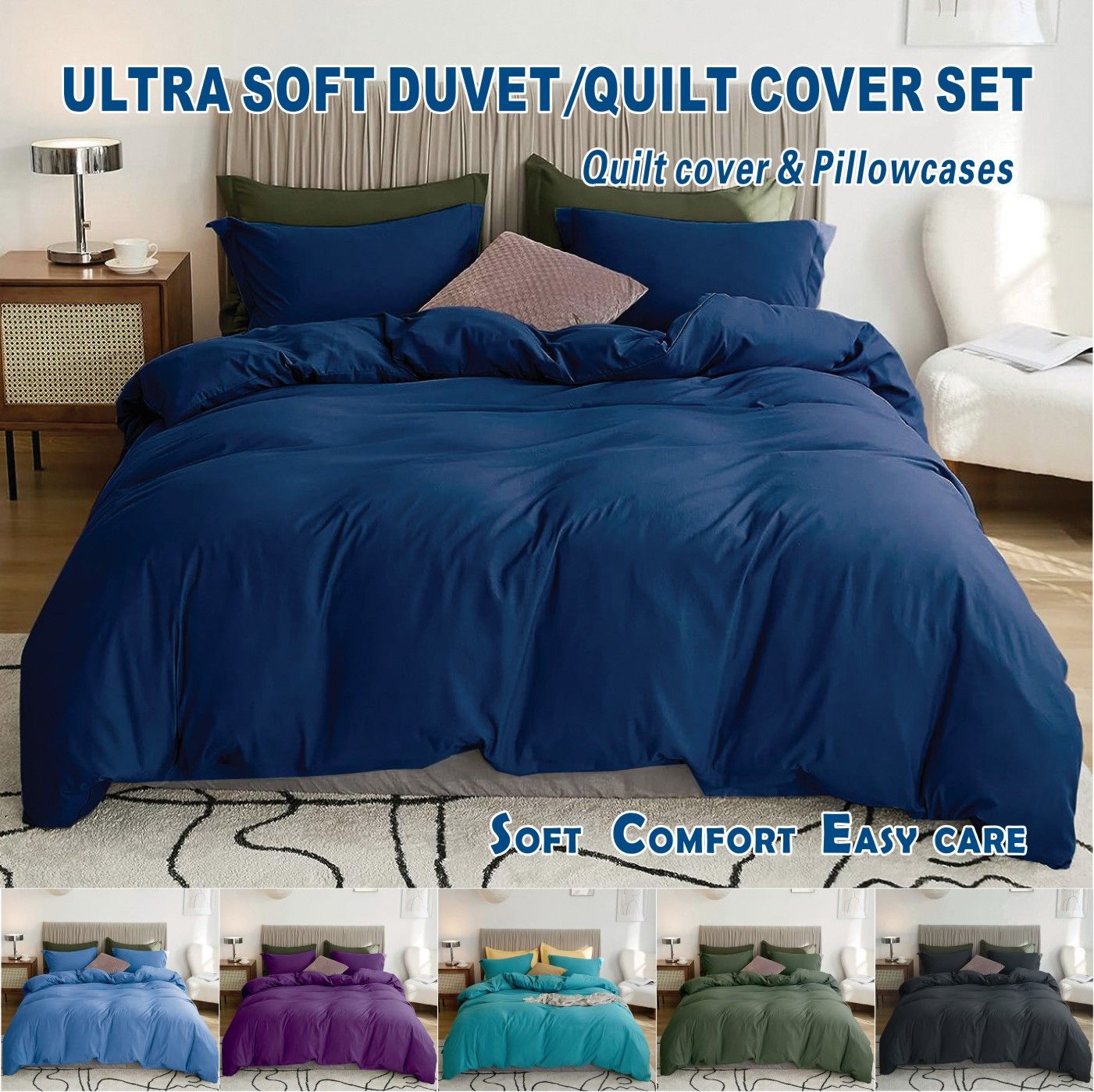 2000TC Microfibre Zipper Quilt Cover Set - 3 Piece, Navy, Queen