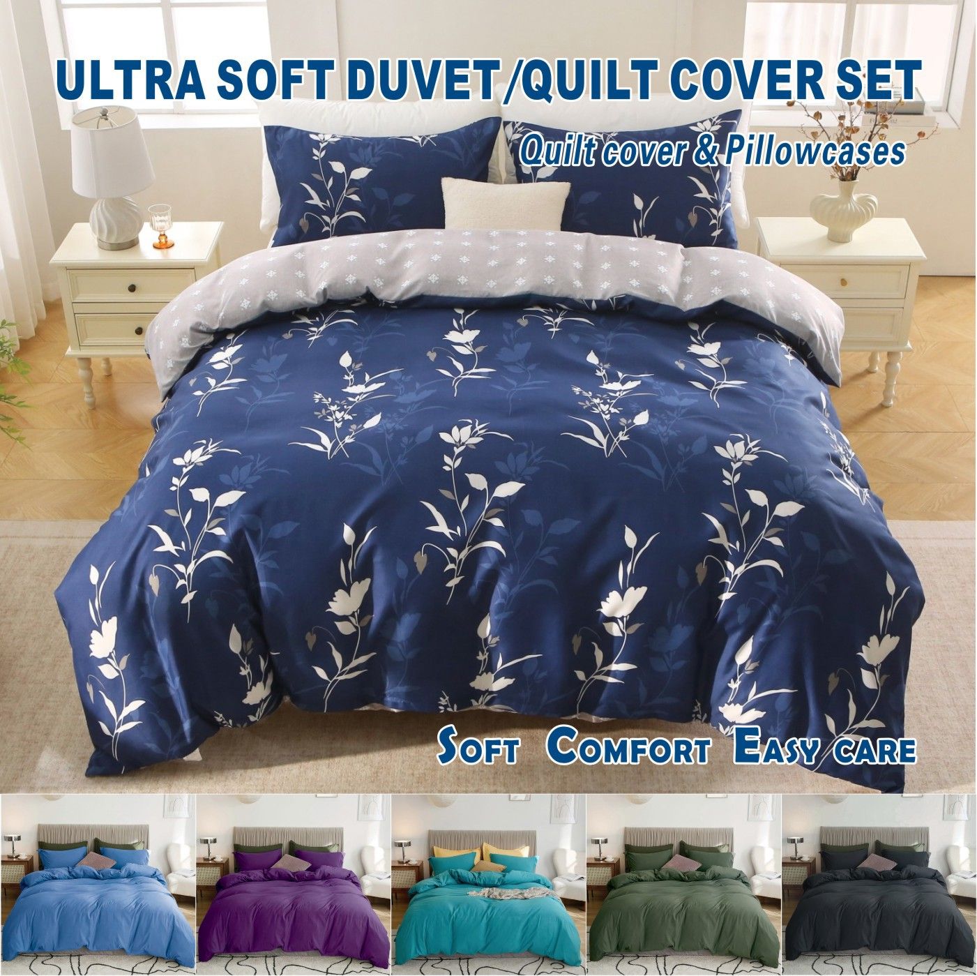 2000TC Microfibre Zipper Quilt Cover Set - 3 Piece, Navy Floral, Queen