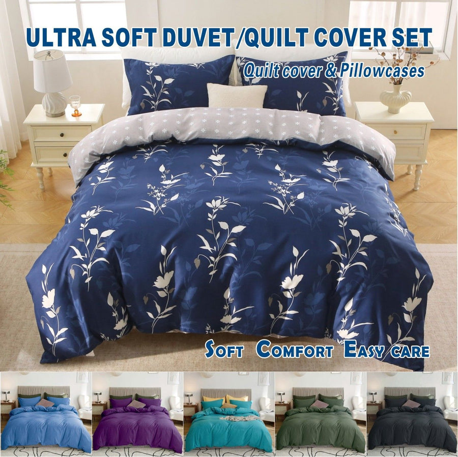 2000TC Microfibre Zipper Quilt Cover Set - 3 Piece, Navy Floral, Queen