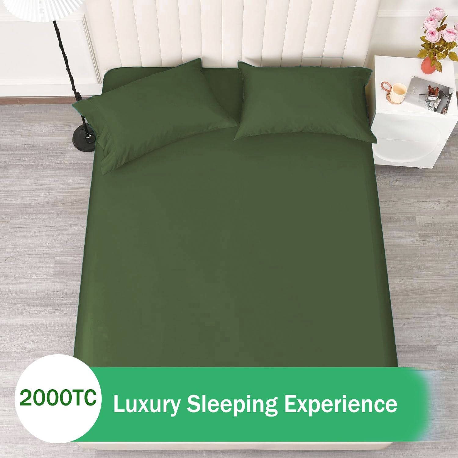 3 Piece 2000TC Microfibre 40cm Deep Pocket Fitted Sheet Set with Pillowcases - Olive Green Queen