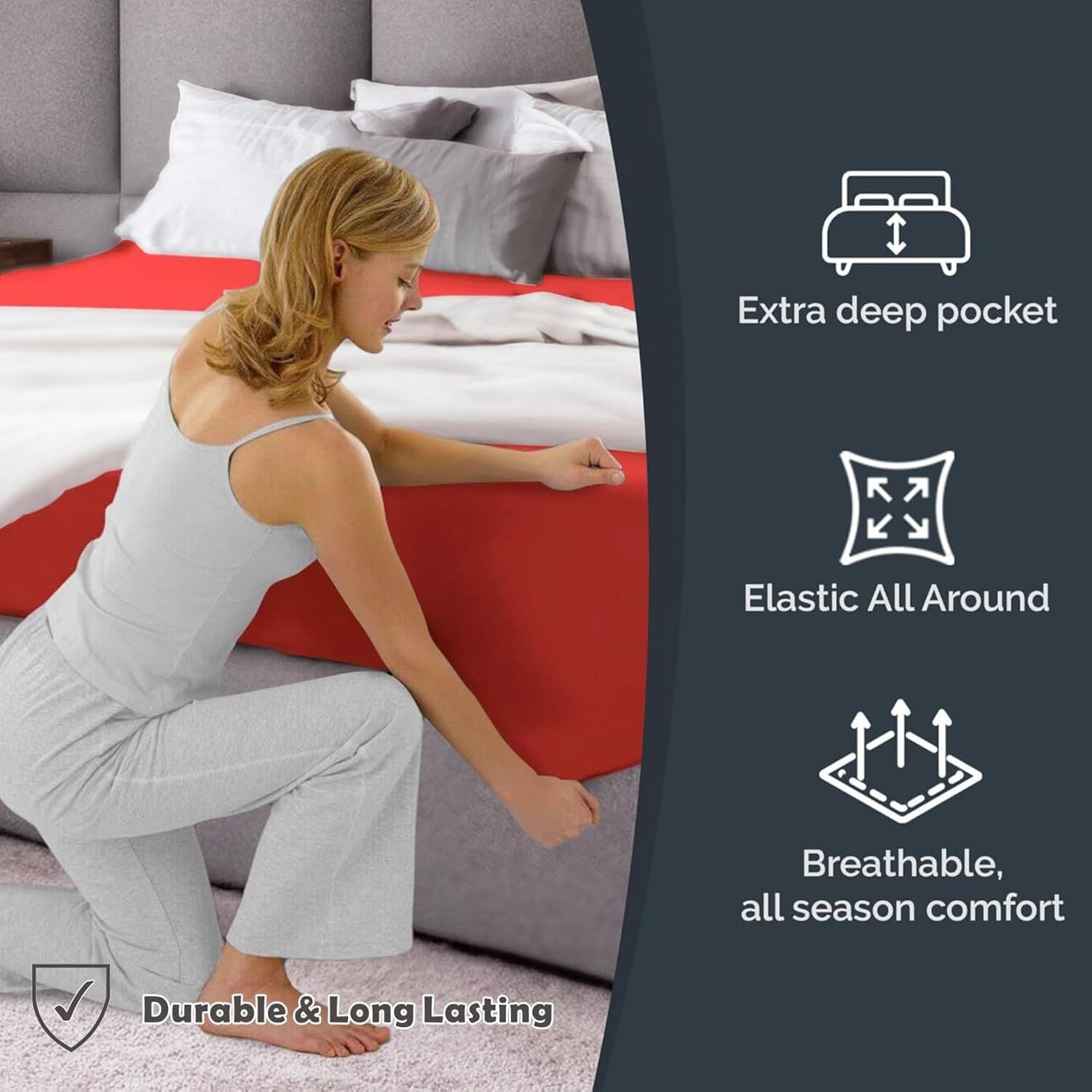 Hotel Quality 1 Piece Red Microfiber 40cm Deep Pocket Fitted Sheet - Queen