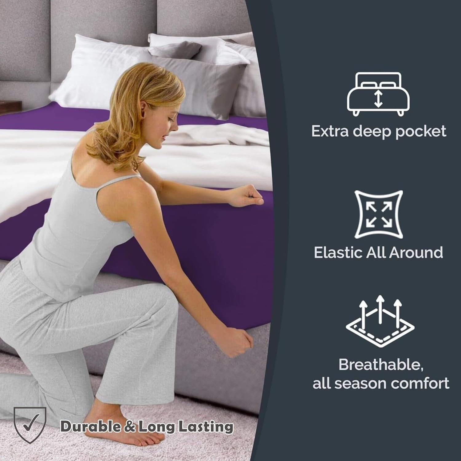 Hotel Quality 1 Piece Purple Microfiber 40cm Deep Pocket Fitted Sheet - Queen