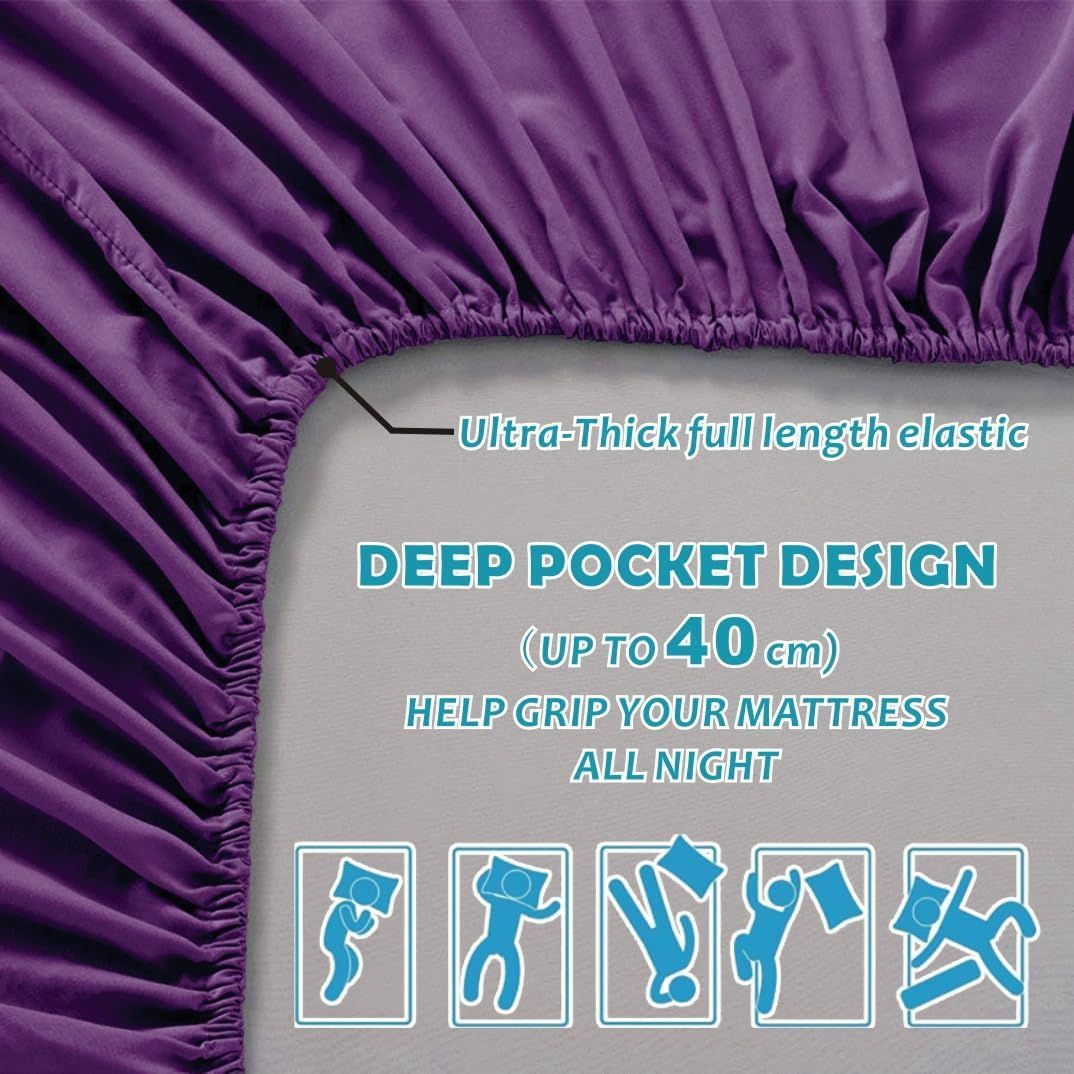 Hotel Quality 1 Piece Purple Microfiber 40cm Deep Pocket Fitted Sheet - Queen