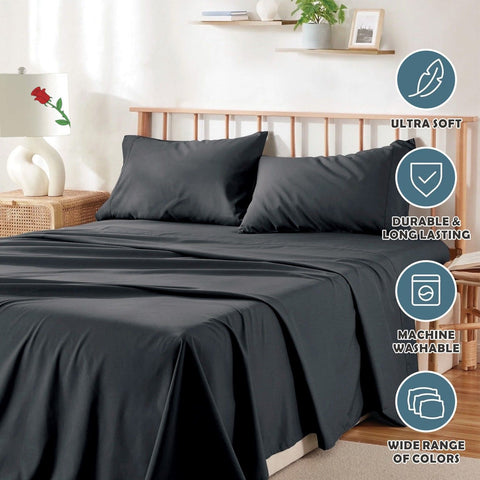 Premium 2000TC Microfibre Deep Pocket Bed Sheet Set - 3 Piece, Black, Single
