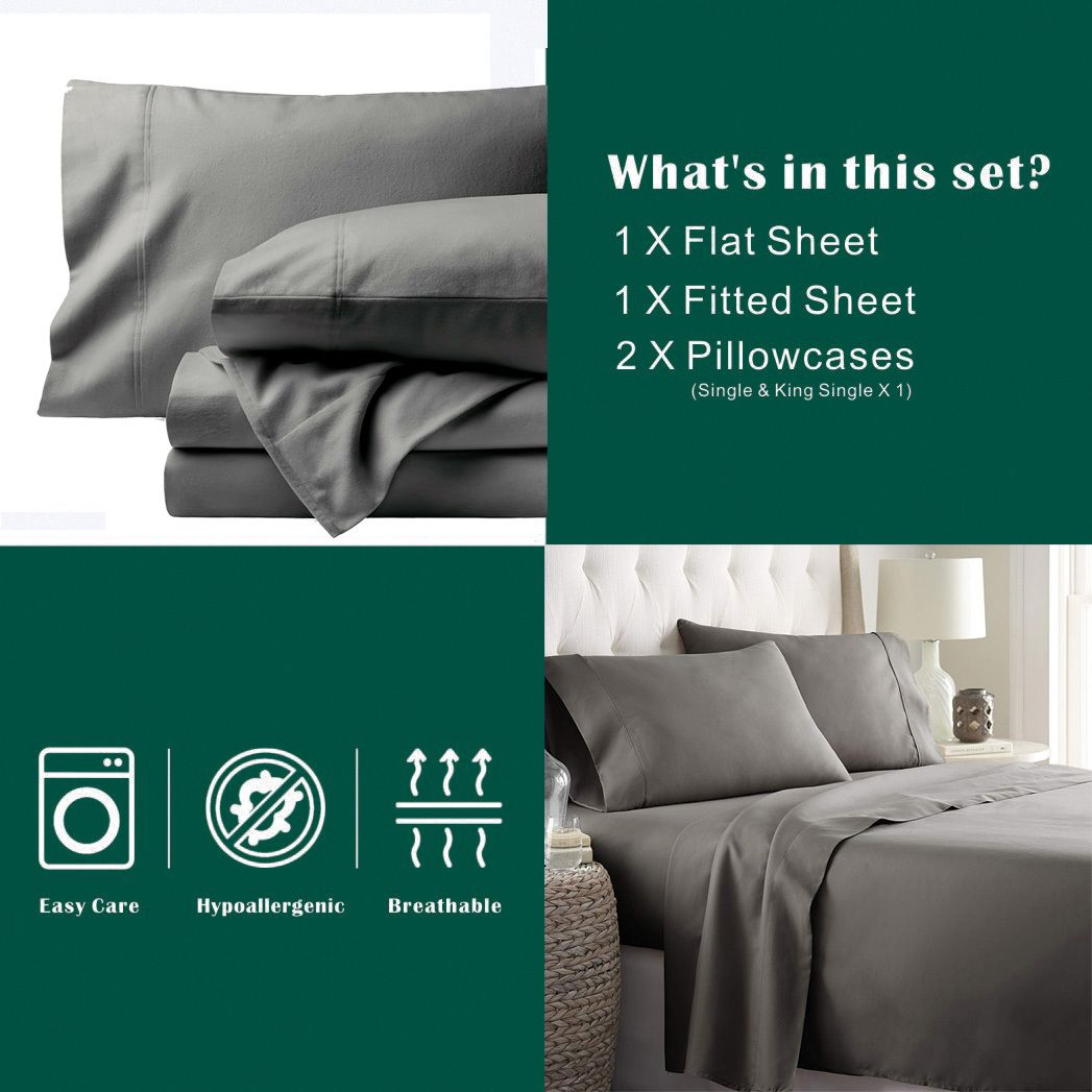 2000TC Microfibre Deep Pocket Bed Sheet Set - 3 Piece, Grey, Single
