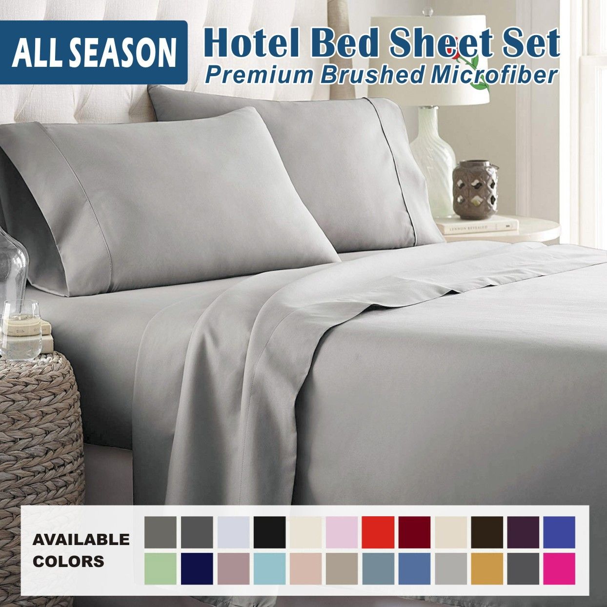 2000TC Microfibre Deep Pocket Bed Sheet Set - 4 Piece, Silver Gray, Super King