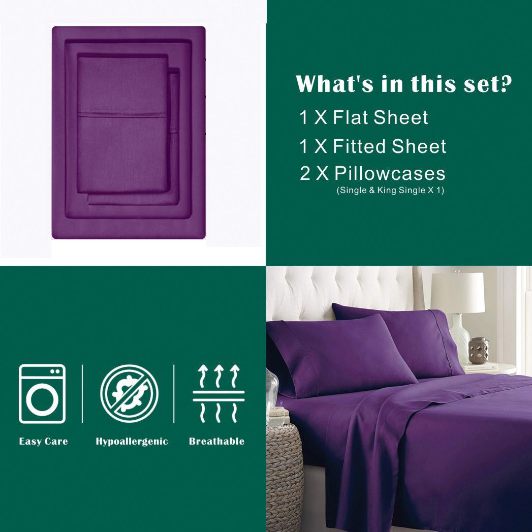 2000TC Microfibre Deep Pocket Bed Sheet Set - 4 Piece, Purple, Super King