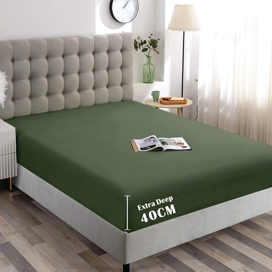 Hotel Quality 1 Piece Olive Green Microfiber 40cm Deep Pocket Fitted Sheet - Super King