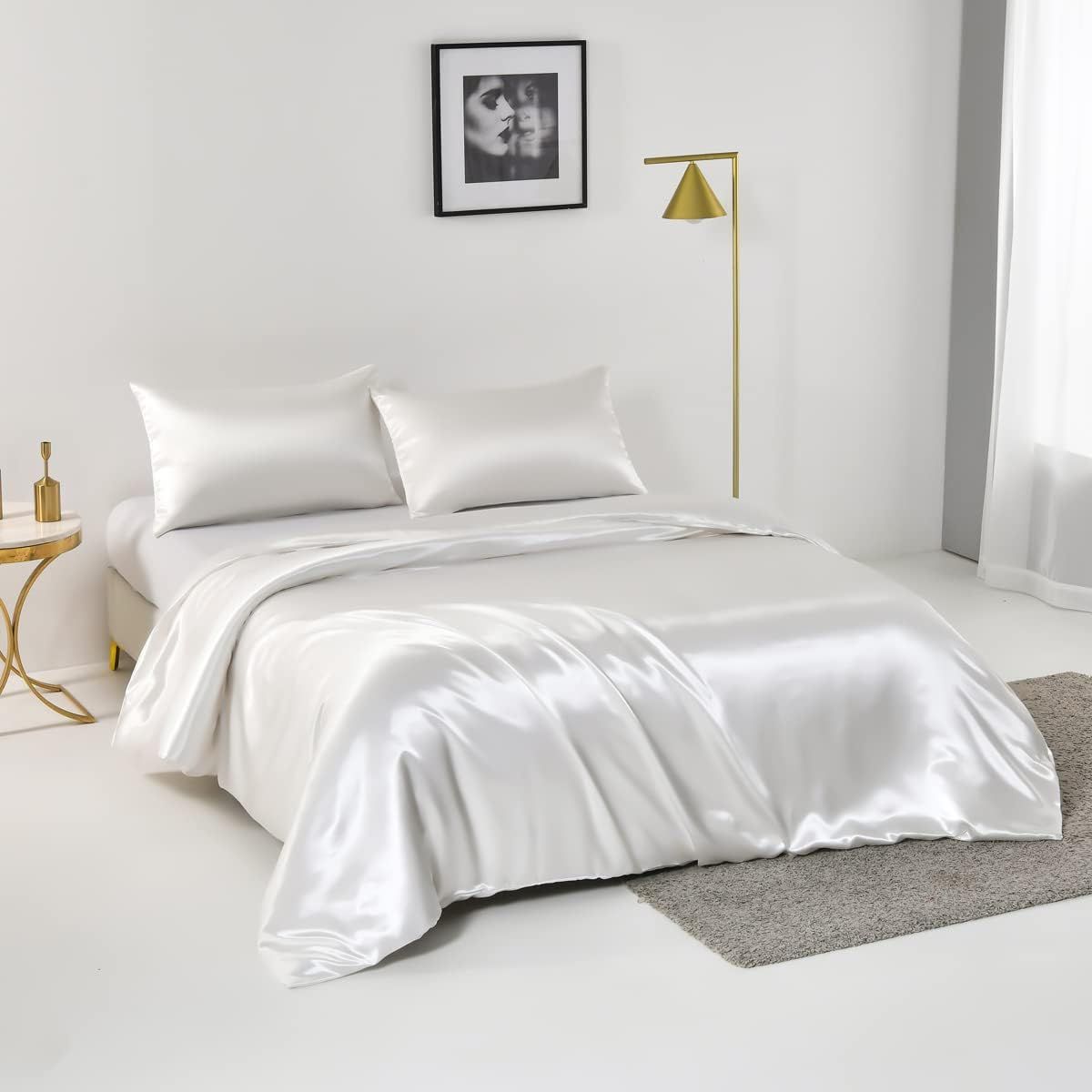3 Piece Satin Quilt Cover Set with Pillowcases - White Double