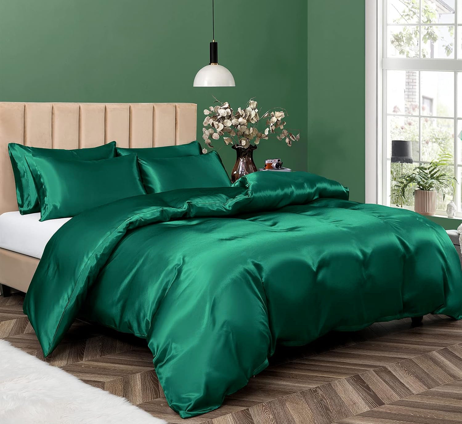 3 Piece Satin Quilt Cover Set with Pillowcases - Green Double