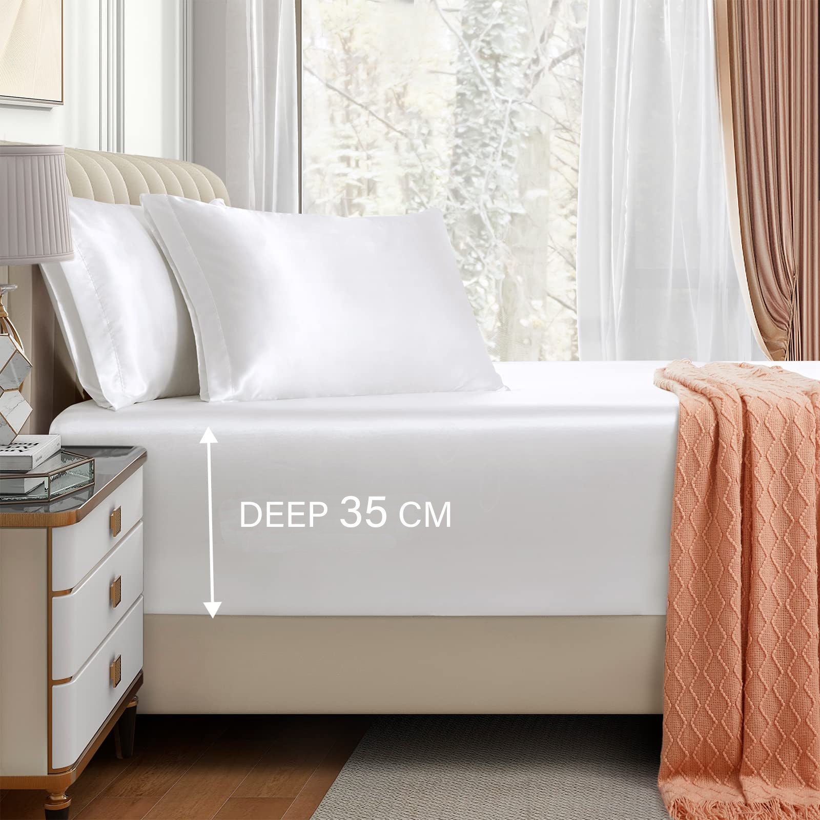 3 Piece Satin Fitted Sheet Set with Pillowcases - White Double