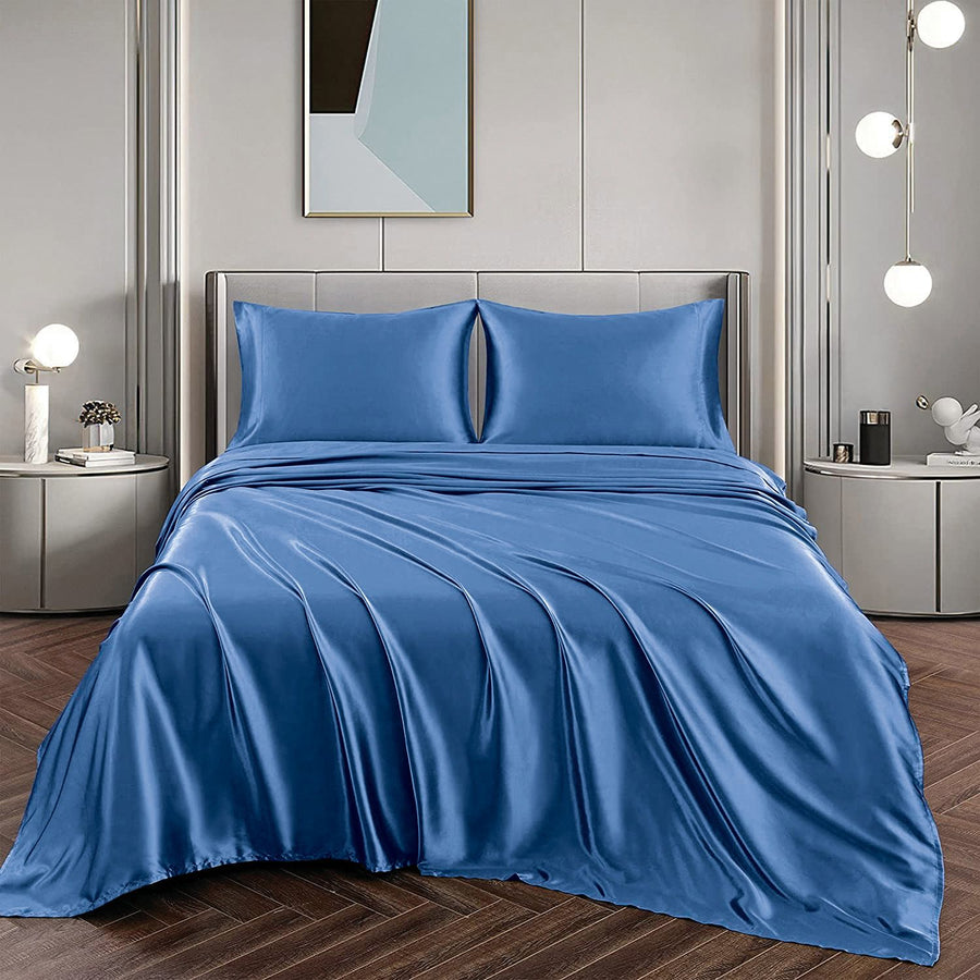 Art Silk Satin 4 Piece Sheet Set with Fitted & Flat Sheet - Ocean Double
