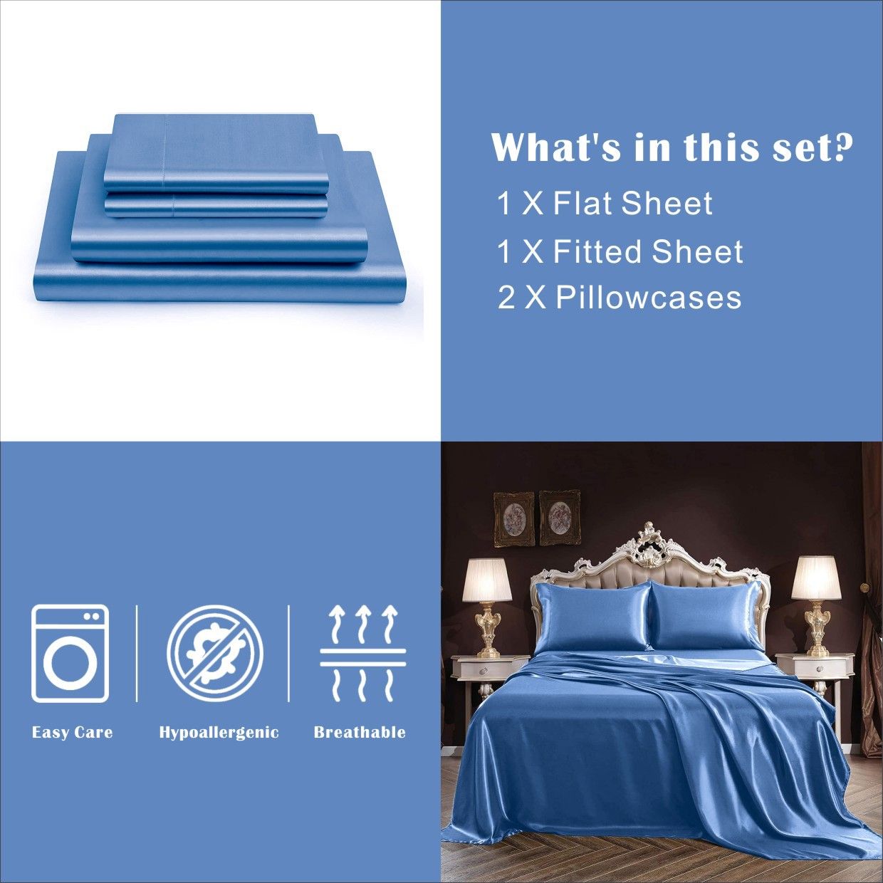 Art Silk Satin 4 Piece Sheet Set with Fitted & Flat Sheet - Ocean Double