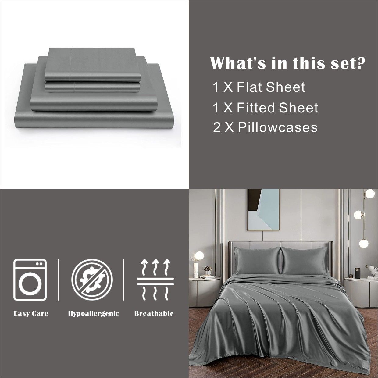 Art Silk Satin 4 Piece Sheet Set with Fitted & Flat Sheet - Grey Double