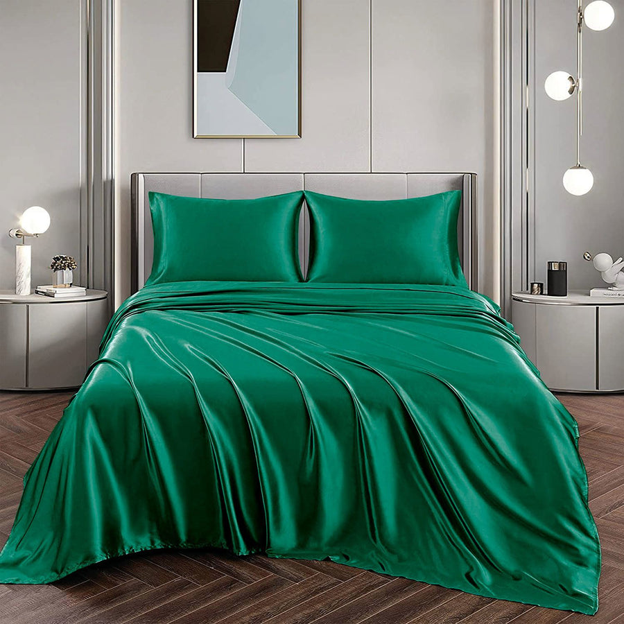 Art Silk Satin 4 Piece Sheet Set with Fitted & Flat Sheet - Green Double