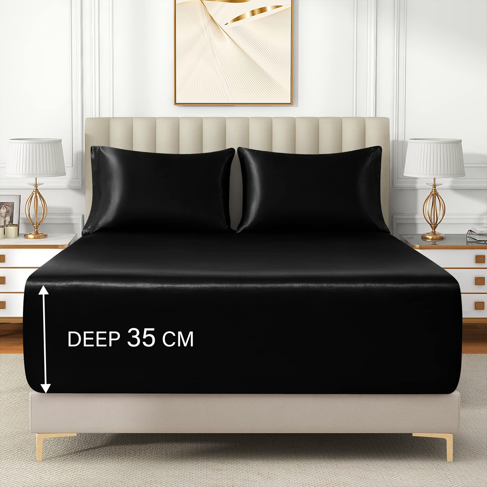 3 Piece Satin Fitted Sheet Set with Pillowcases - Black King