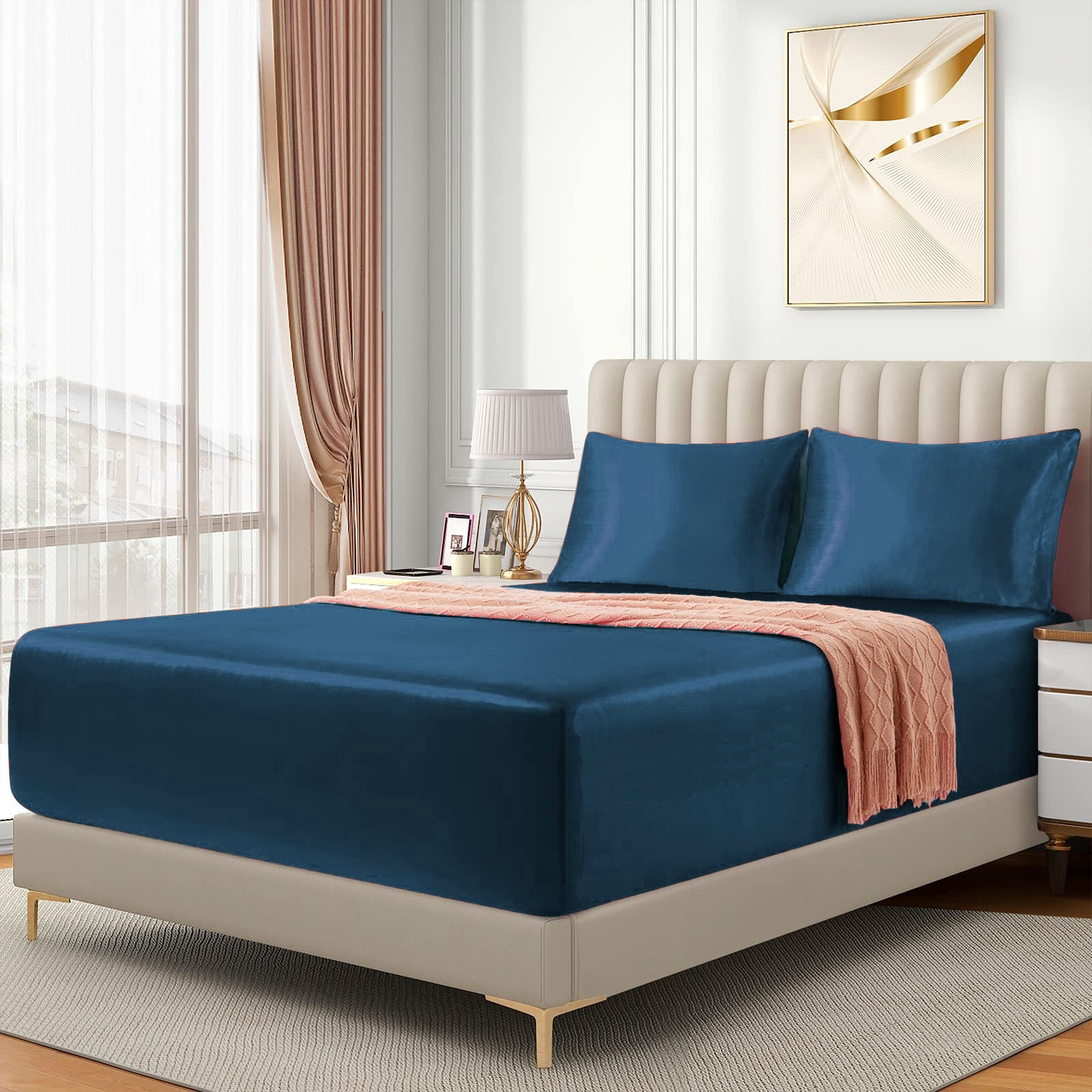 3 Piece Satin Fitted Sheet Set with Pillowcases - Navy King
