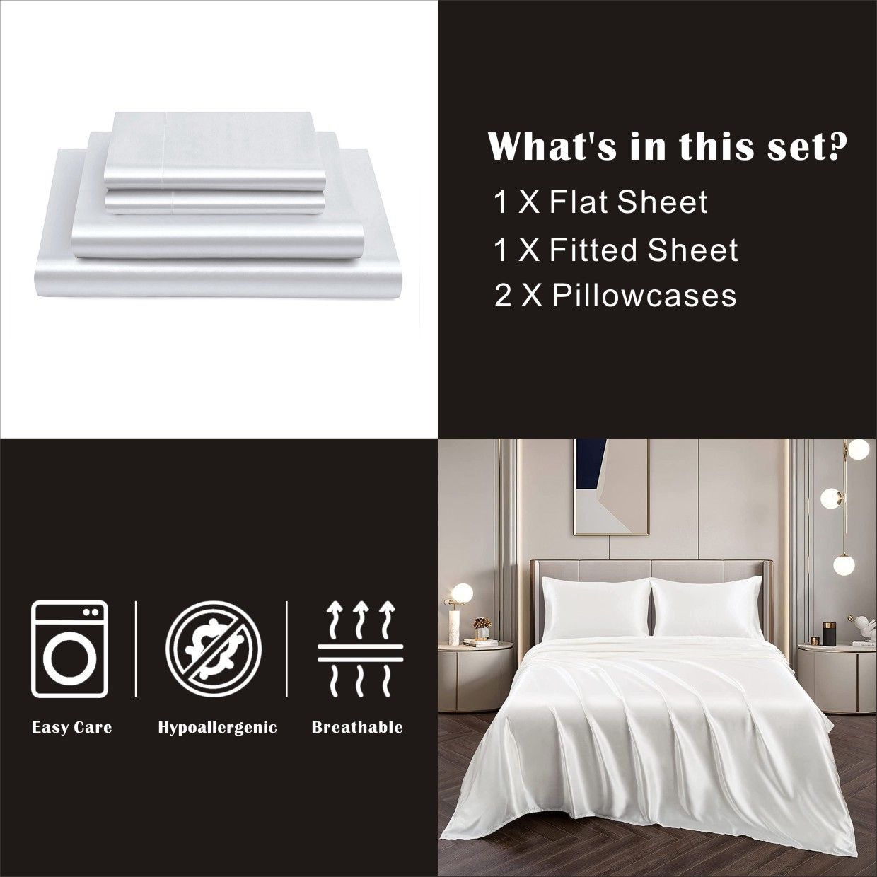 Art Silk Satin 4 Piece Sheet Set with Fitted & Flat Sheet - White King