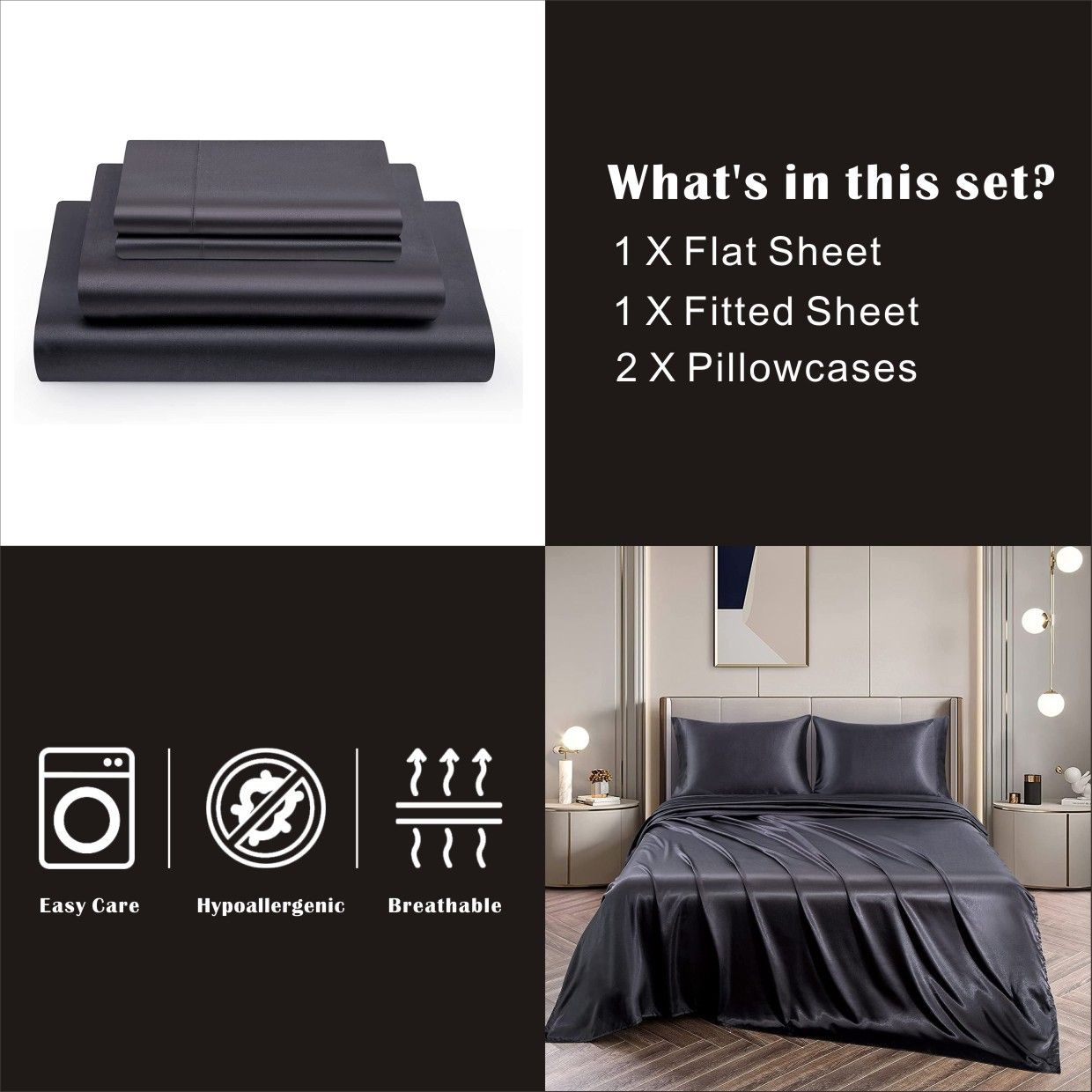 Art Silk Satin 4 Piece Sheet Set with Fitted & Flat Sheet - Black King