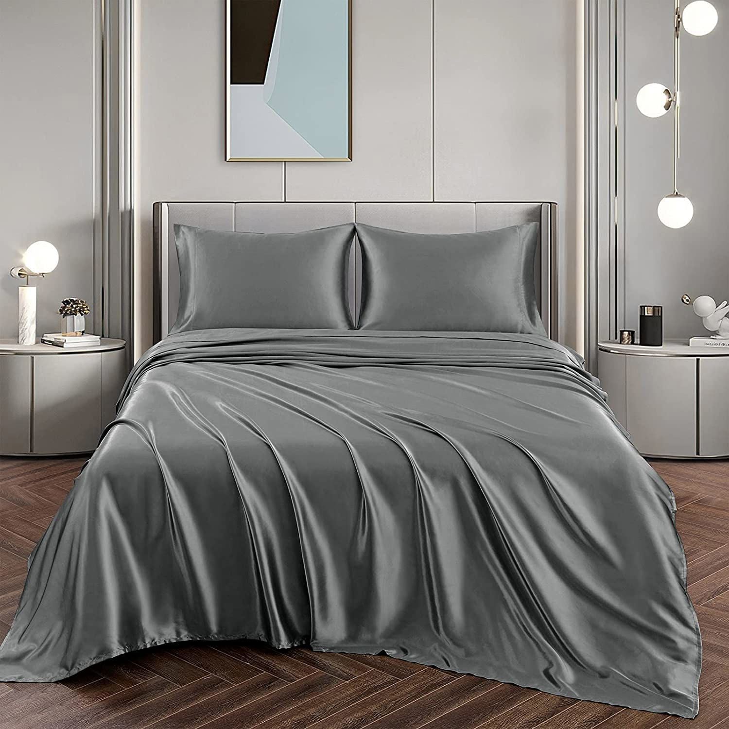 Art Silk Satin 4 Piece Sheet Set with Fitted & Flat Sheet - Grey King