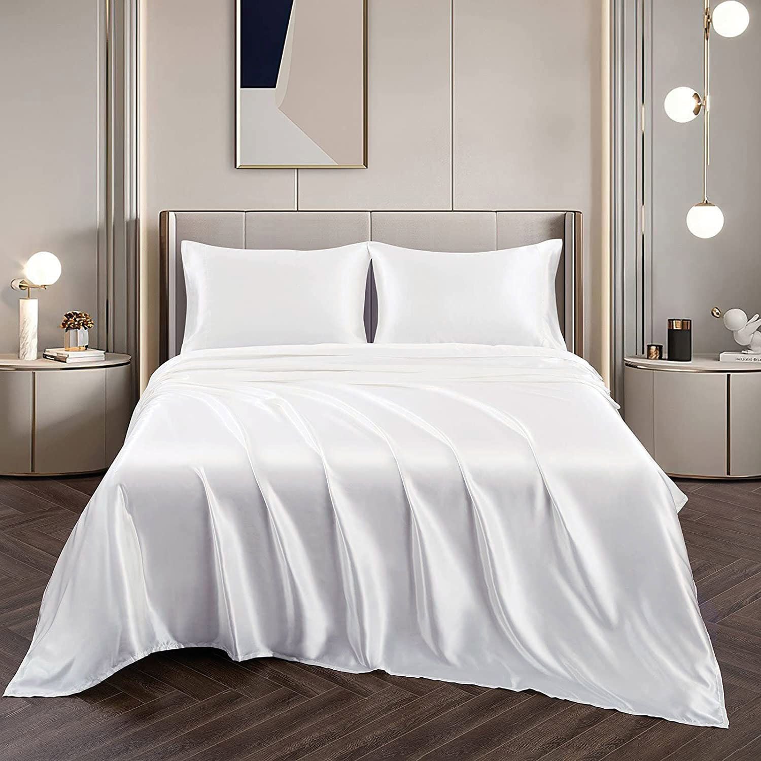 Art Silk Satin 3 Piece Sheet Set with Fitted & Flat Sheet - White King Single
