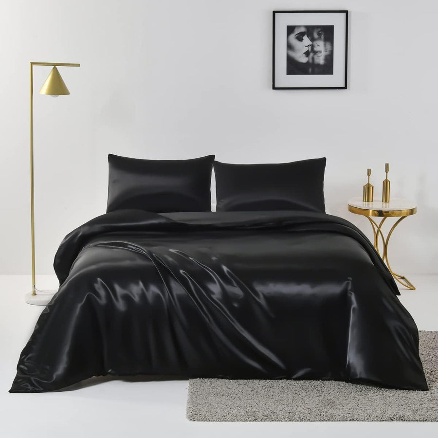 3 Piece Satin Quilt Cover Set with Pillowcases - Black Queen