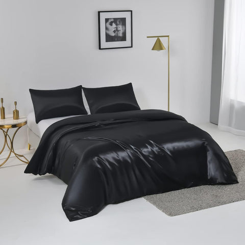 3 Piece Satin Quilt Cover Set with Pillowcases - Black Queen