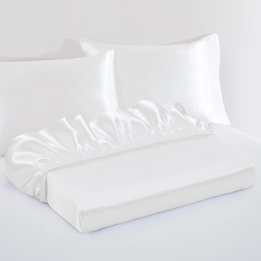 3 Piece Satin Fitted Sheet Set with Pillowcases - White Queen