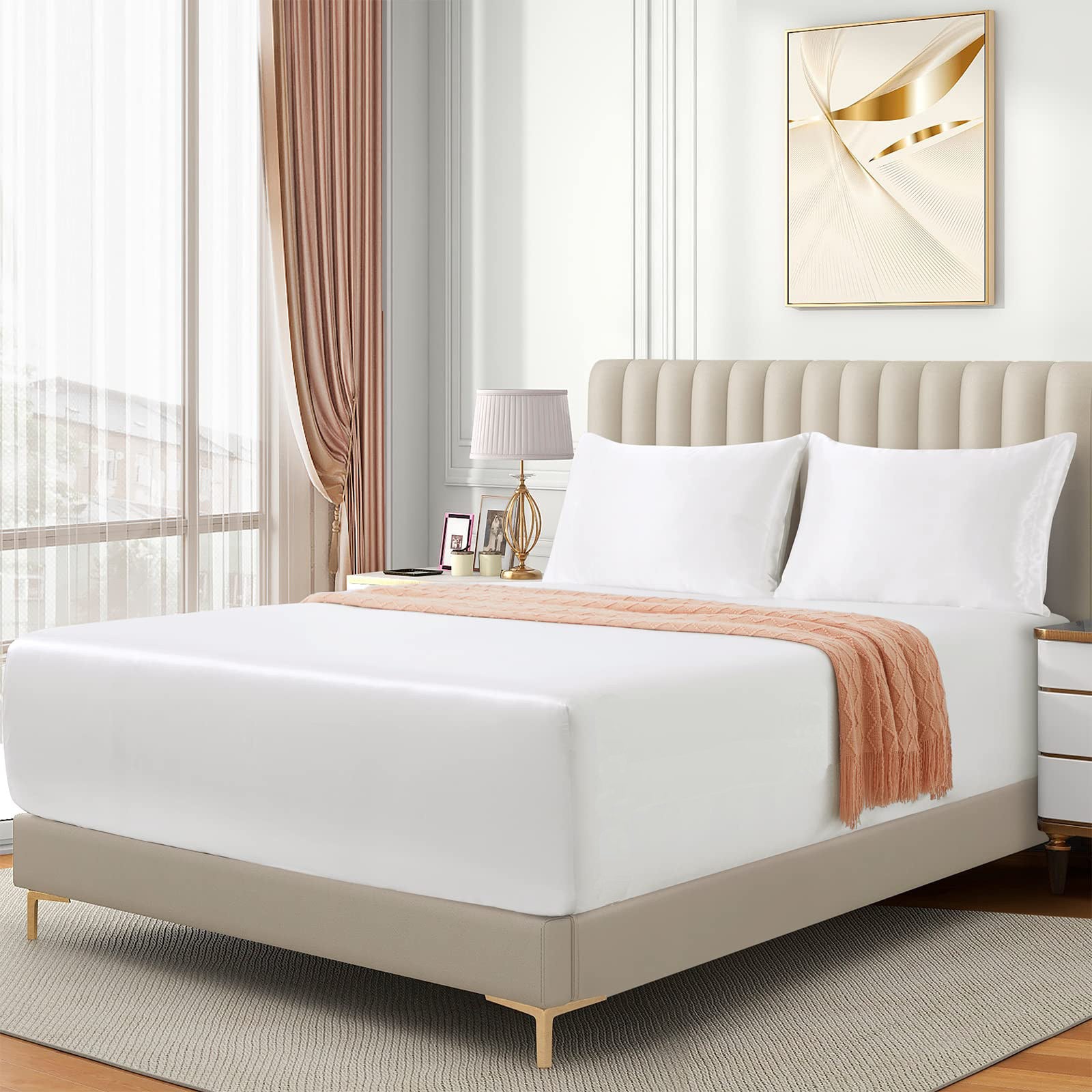 3 Piece Satin Fitted Sheet Set with Pillowcases - White Queen