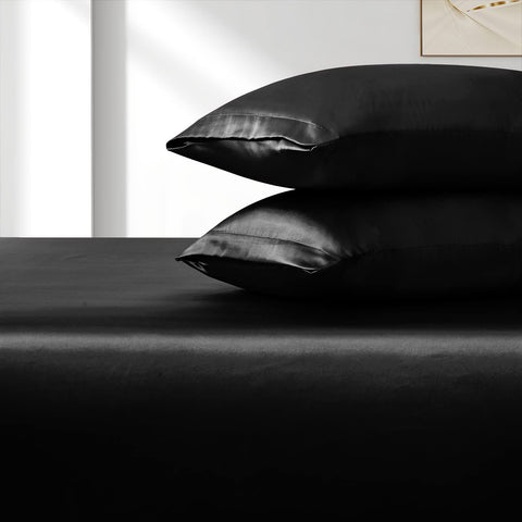 3 Piece Satin Fitted Sheet Set with Pillowcases - Black Queen