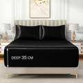 3 Piece Satin Fitted Sheet Set with Pillowcases - Black Queen