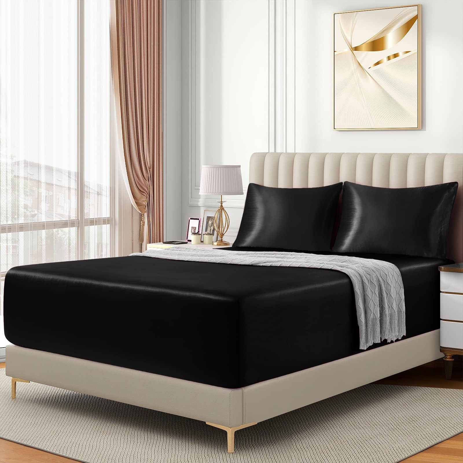 3 Piece Satin Fitted Sheet Set with Pillowcases - Black Queen
