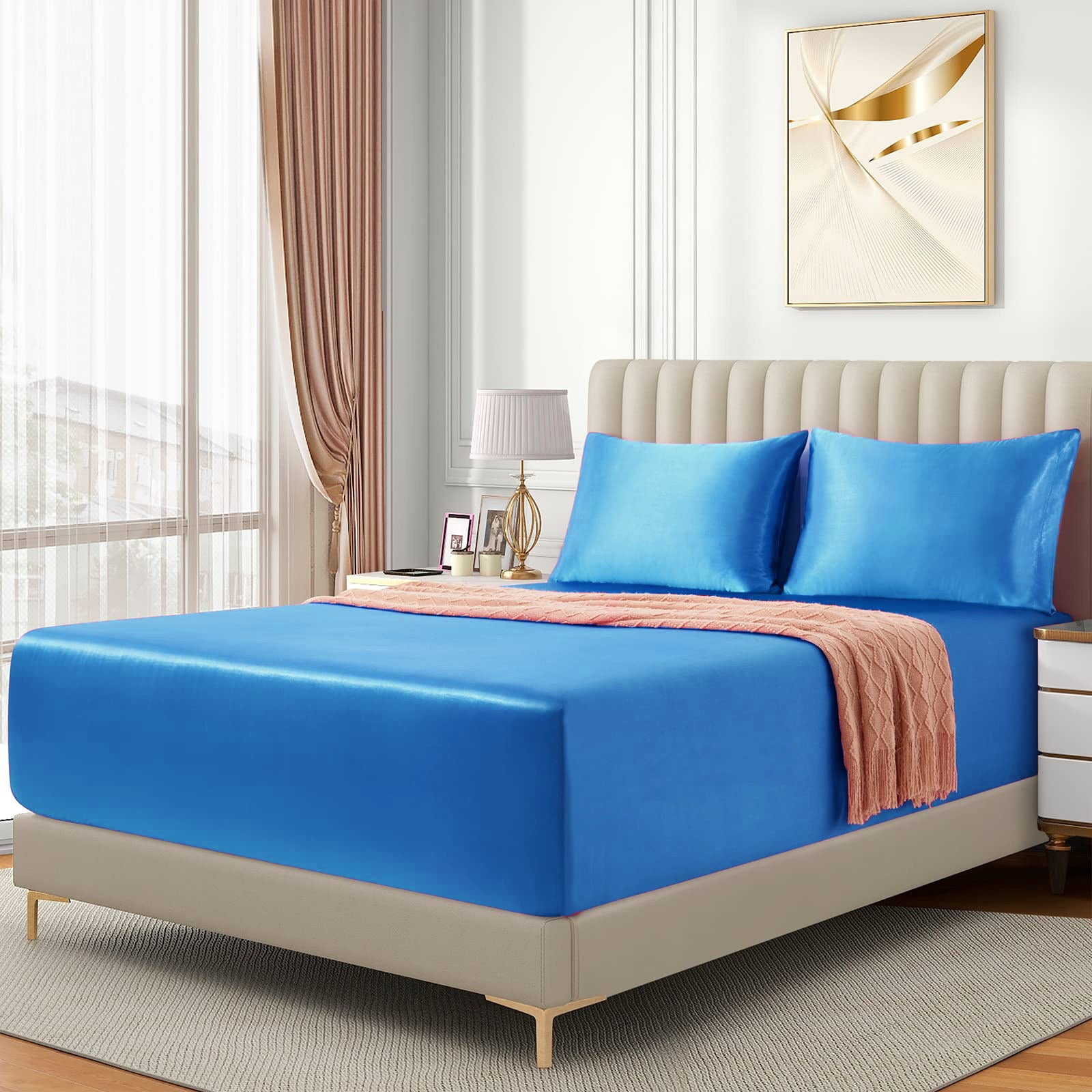 3 Piece Satin Fitted Sheet Set with Pillowcases - Ocean Queen