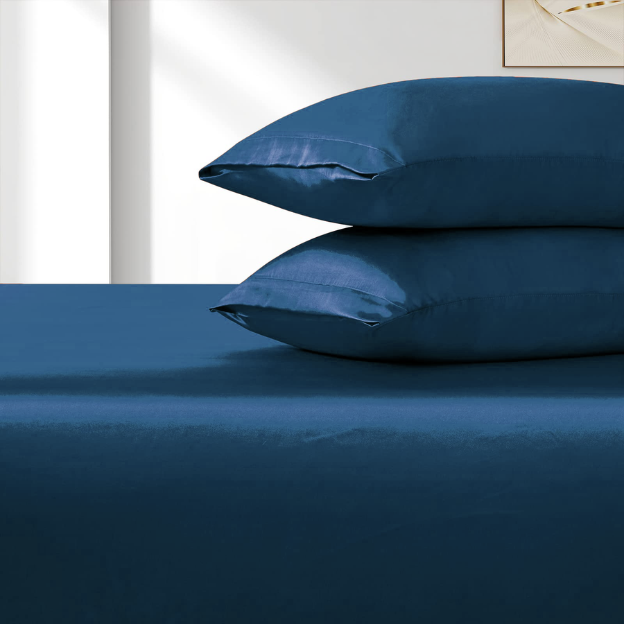 3 Piece Satin Fitted Sheet Set with Pillowcases - Navy Queen