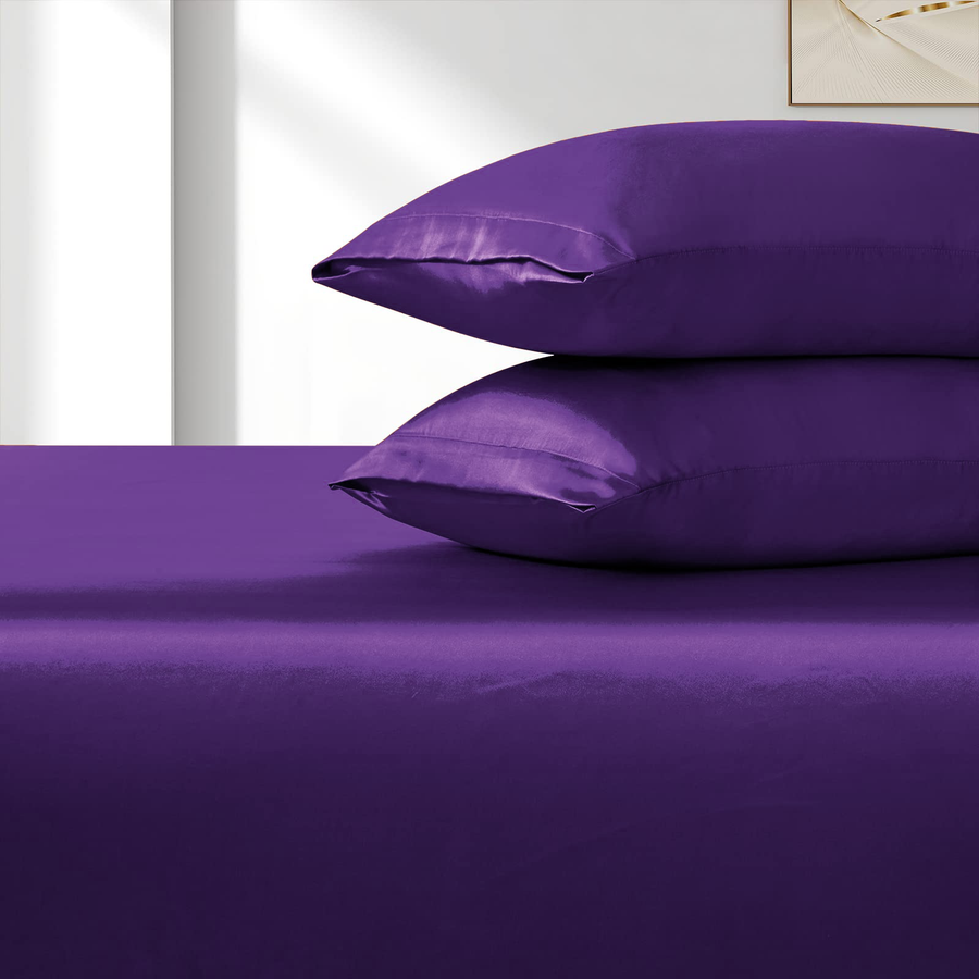 3 Piece Satin Fitted Sheet Set with Pillowcases - Purple Queen