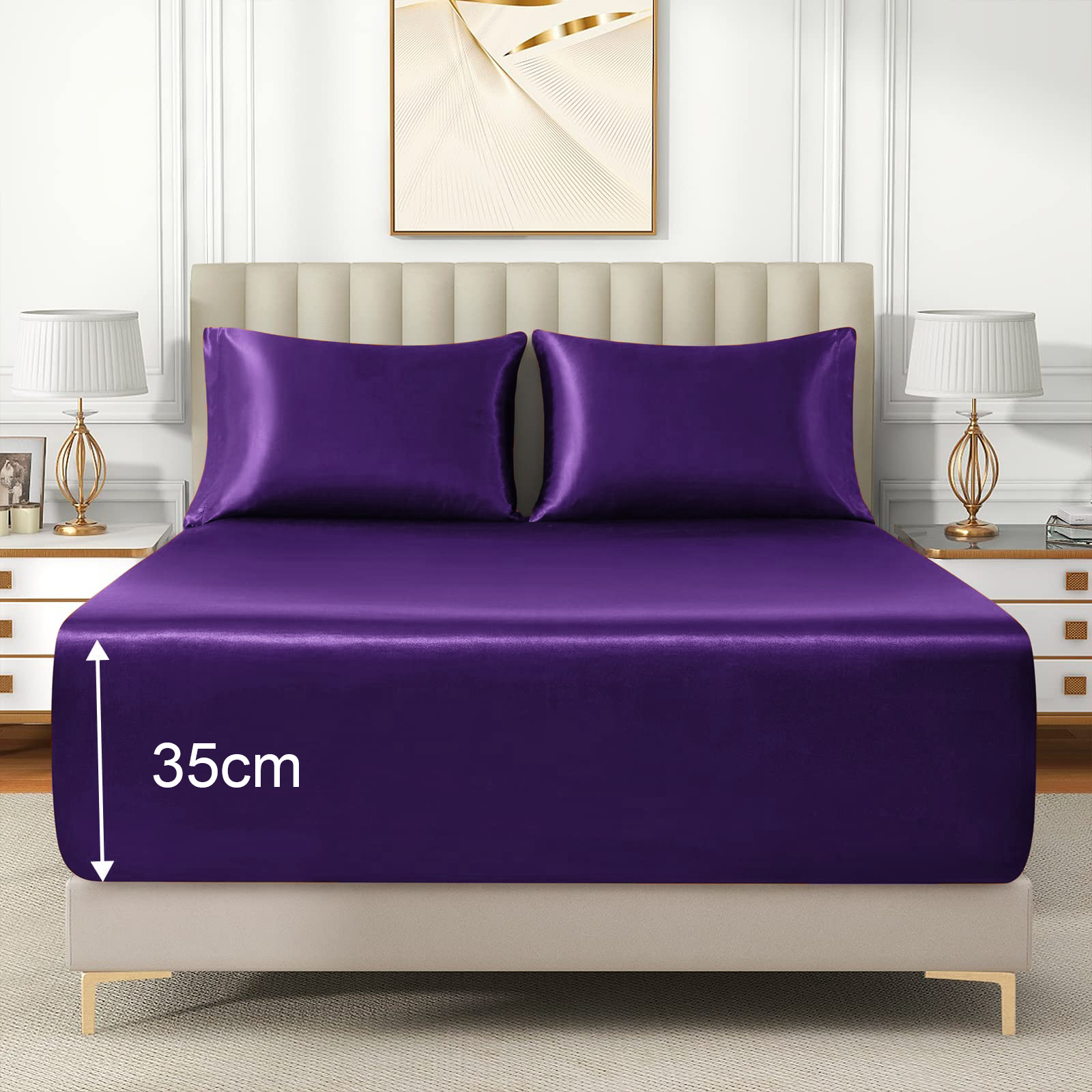3 Piece Satin Fitted Sheet Set with Pillowcases - Purple Queen