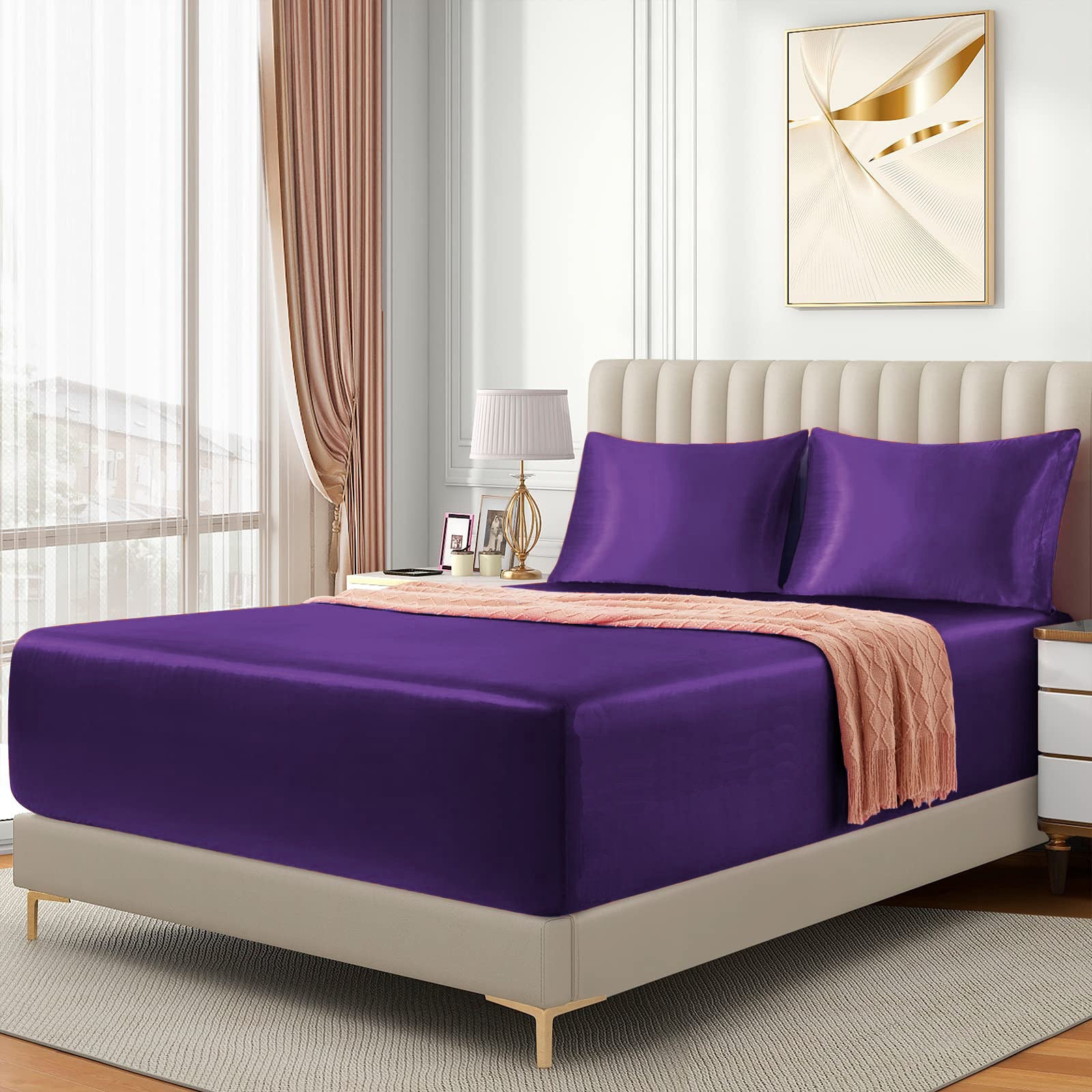 3 Piece Satin Fitted Sheet Set with Pillowcases - Purple Queen