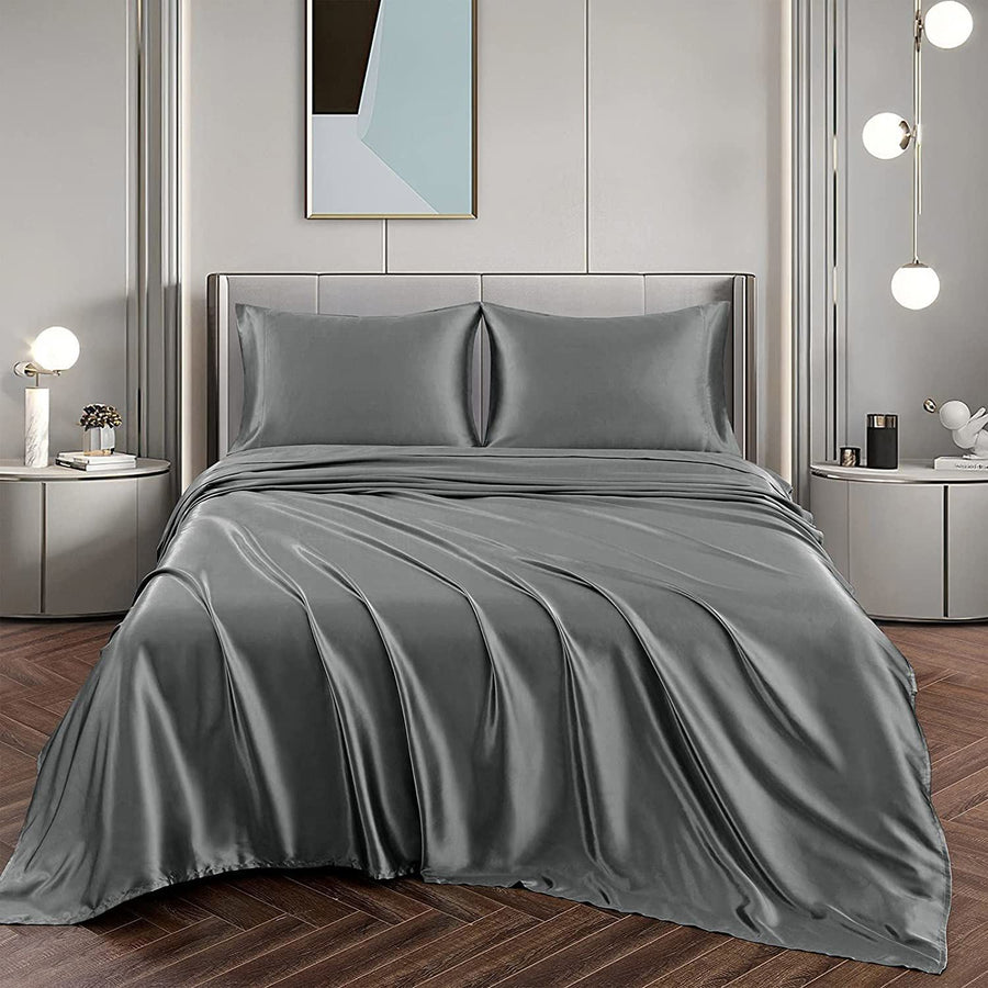 Art Silk Satin 4 Piece Sheet Set with Fitted & Flat Sheet - Grey Queen