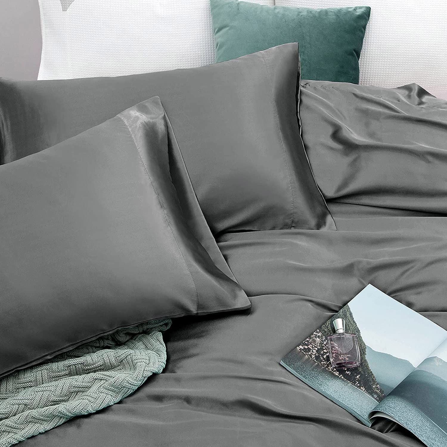 Art Silk Satin 4 Piece Sheet Set with Fitted & Flat Sheet - Grey Queen