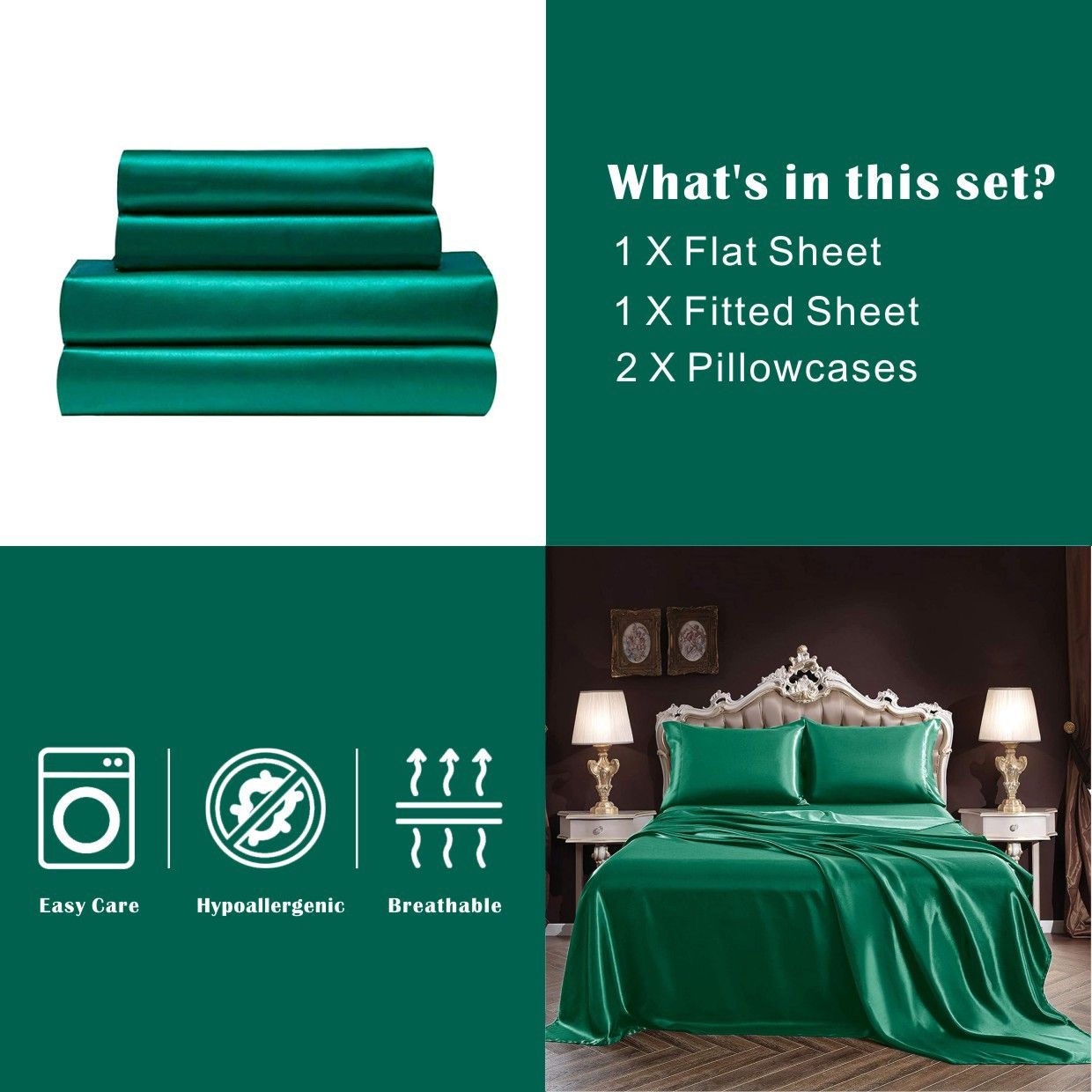 Art Silk Satin 4 Piece Sheet Set with Fitted & Flat Sheet - Green Queen