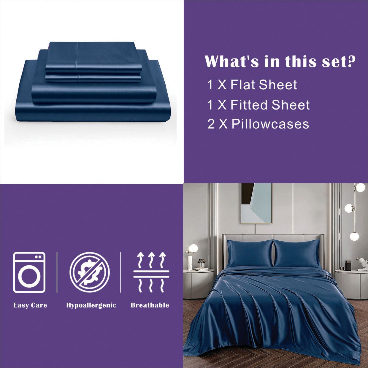 Art Silk Satin 4 Piece Sheet Set with Fitted & Flat Sheet - Navy Queen