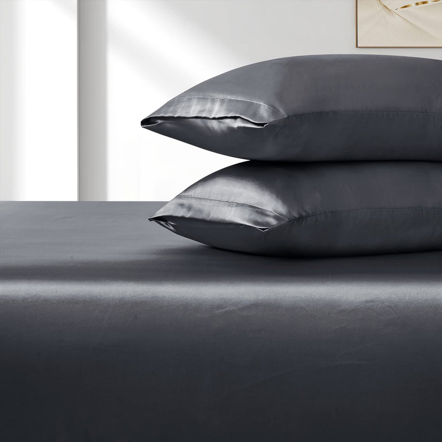 3 Piece Satin Fitted Sheet Set with Pillowcases - Grey Super King