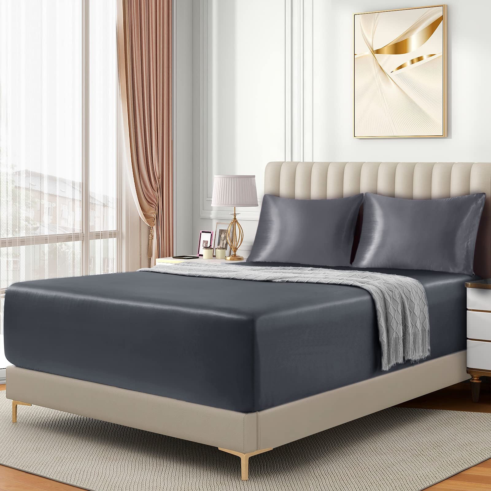 3 Piece Satin Fitted Sheet Set with Pillowcases - Grey Super King