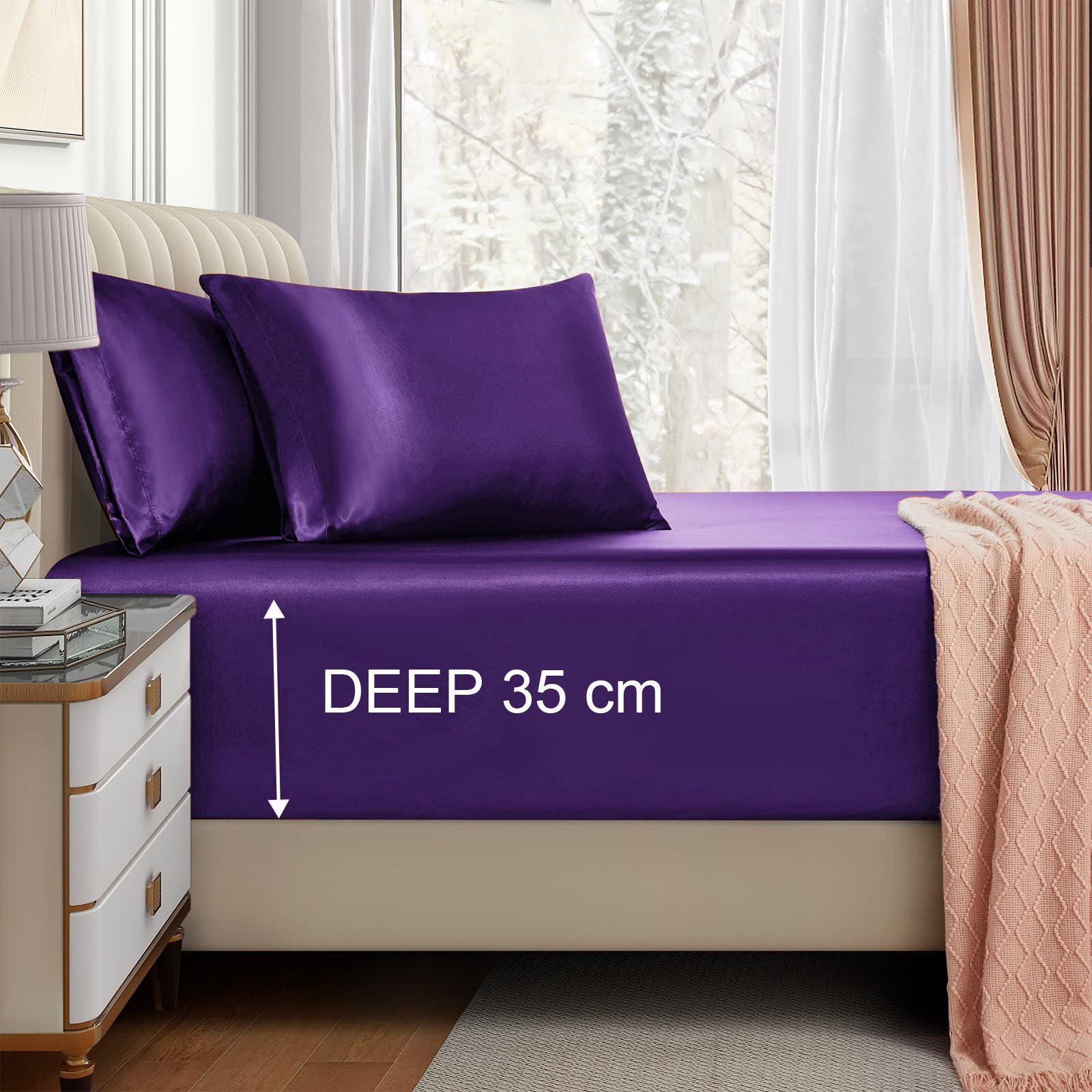 3 Piece Satin Fitted Sheet Set with Pillowcases - Purple Super King