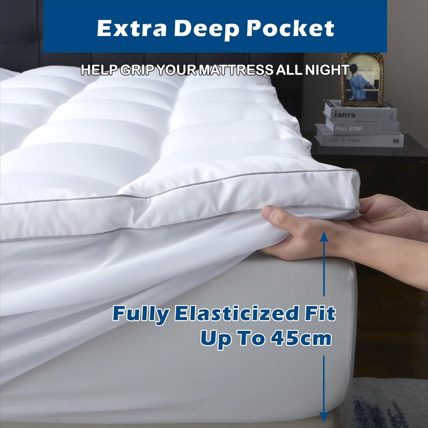 Premium 1000GSM Bamboo Viscose Mattress Topper Double Black 45cm Deep Skirt