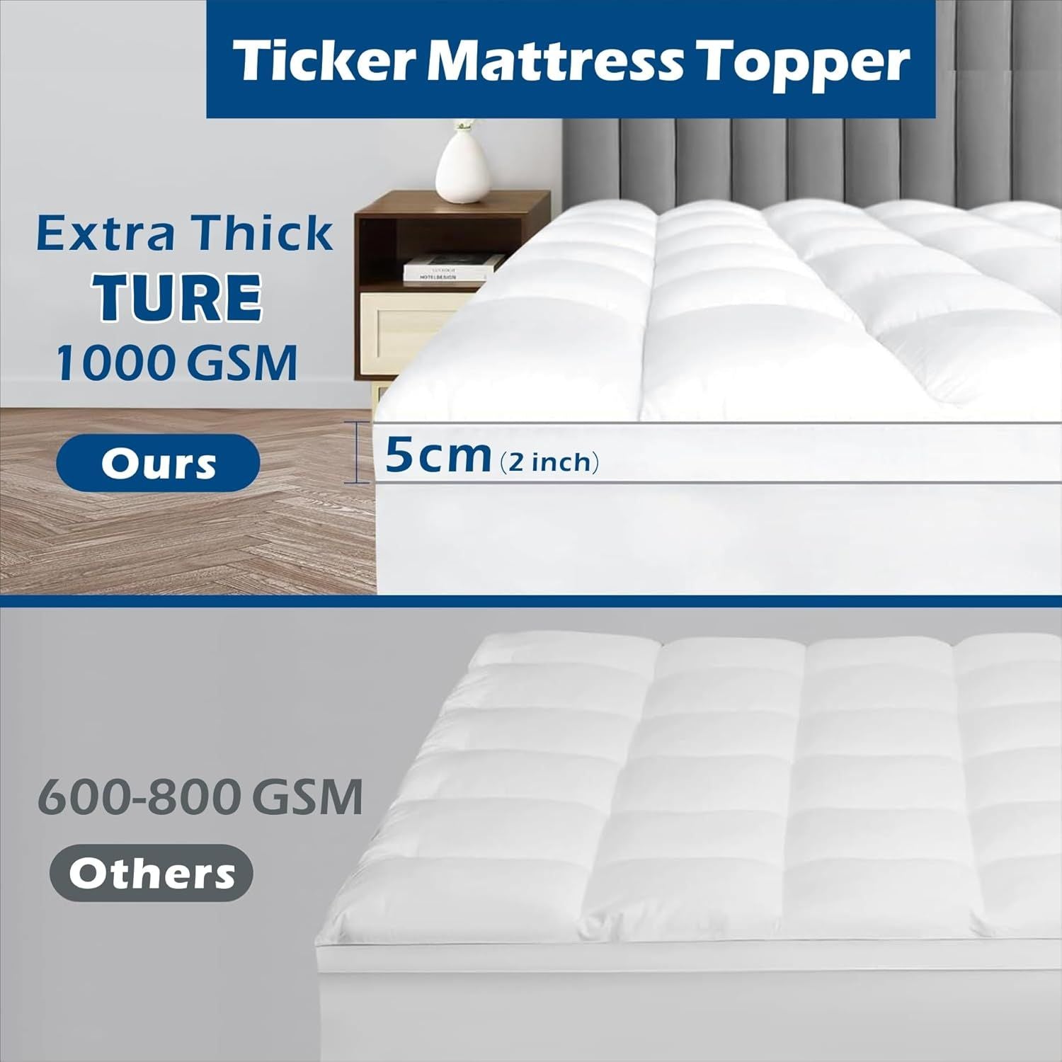 Premium 1000GSM Bamboo Viscose Mattress Topper Queen Black 45cm Deep Skirt