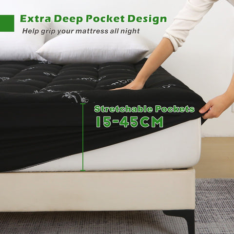 Premium 800GSM Bamboo Viscose Mattress Topper Queen Black 45cm Deep Skirt