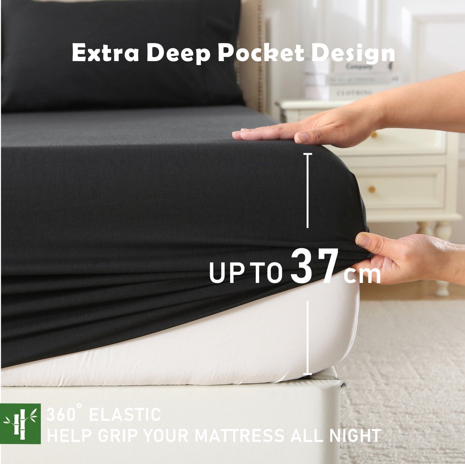 3 Piece Bamboo Blend Cooling Fitted Sheet Set with Pillowcases - Black Double