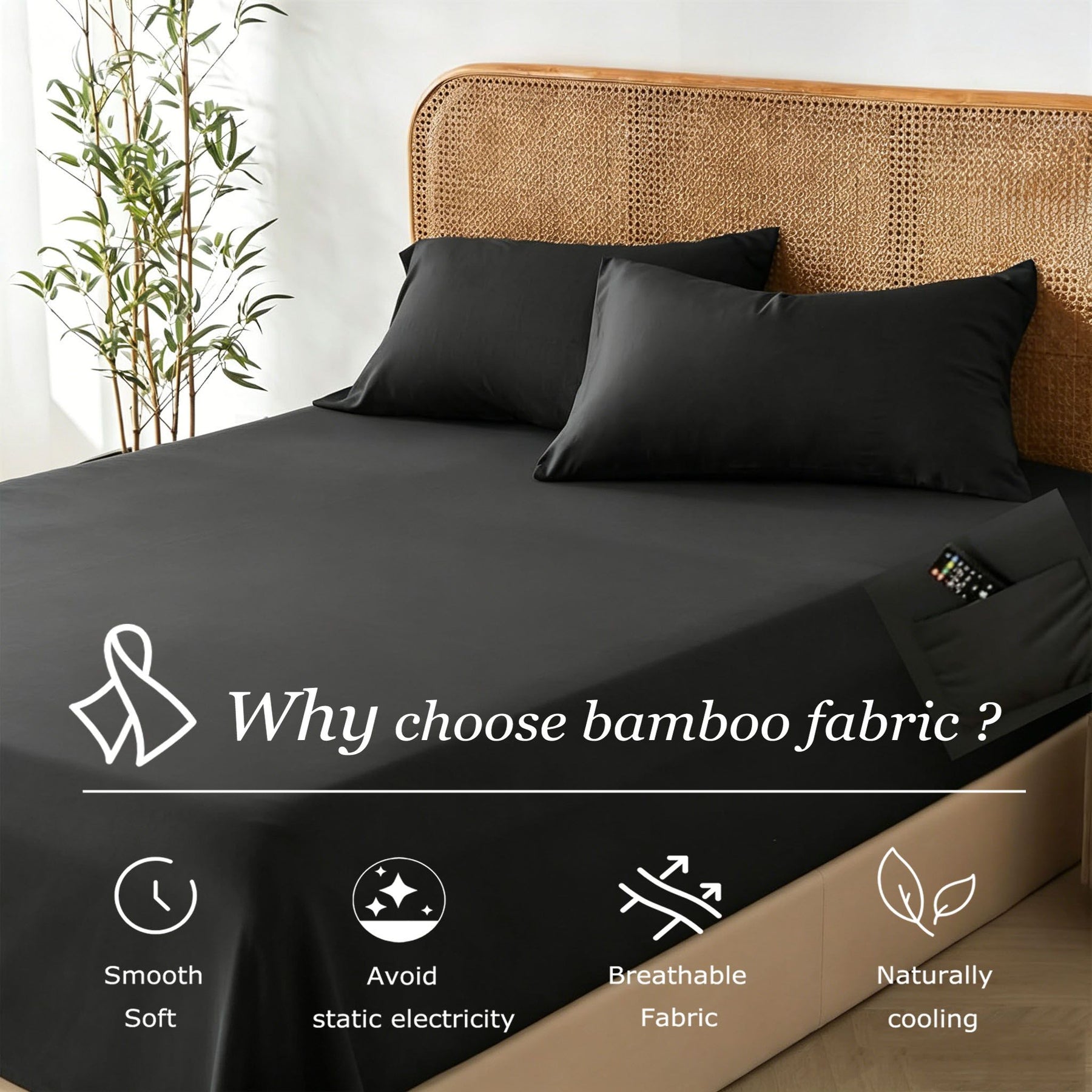 3 Piece Bamboo Blend Cooling Fitted Sheet Set with Pillowcases - Black Double